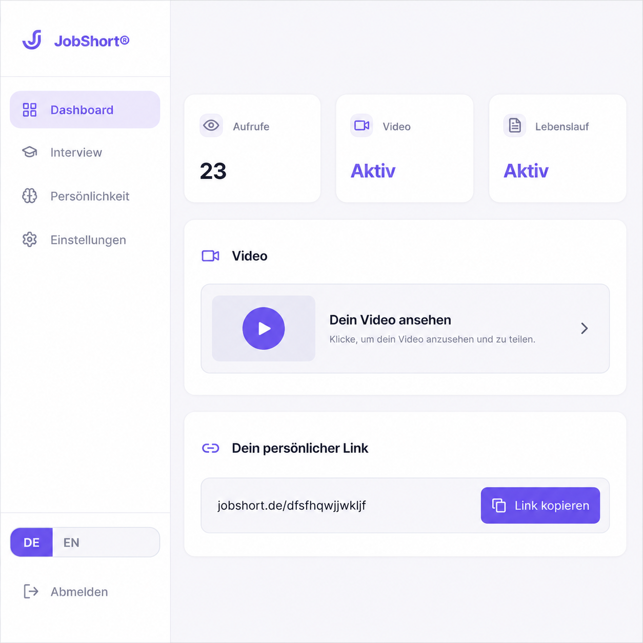 app.jobshort.com Dashboard mit Profil-Statistiken, Video und persönlichem Link
